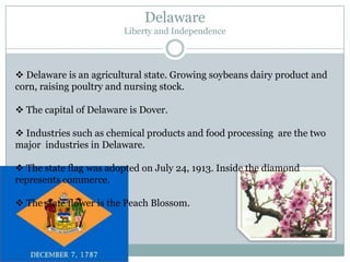 Delaware
                        Liberty and Independence




 Delaware is an agricultural state. Growing soybeans dairy product and
corn, raising poultry and nursing stock.

 The capital of Delaware is Dover.

 Industries such as chemical products and food processing are the two
major industries in Delaware.

 The state flag was adopted on July 24, 1913. Inside the diamond
represents commerce.

 The state flower is the Peach Blossom.
 