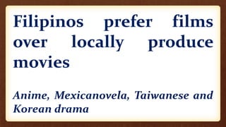 Filipinos prefer films
over locally produce
movies
Anime, Mexicanovela, Taiwanese and
Korean drama
 