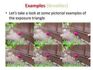 Examples (örnekler)
• Let’s take a look at some pictorial examples of
the exposure triangle
 