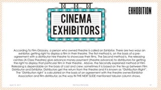 April 10, 2017 THE FILM PROCESS 19
EXHOBITION
According To Film Glossary, a person who owned theatre is called an Exhibitor. There are two ways an
exhibitor, getting right to display a film in their theatre. The first method is, on the basis of a pre-
agreement with a distributor hire theatre to showcase their films. The Second method is, the releasing
centres (A Class Theatres) give advance money payment (theatre advance) to distributors for getting
the right to display that particular film in their theatre . Above, the Secondly explained method of Film
Releasing is dependable on the basis of cast and crew; sometimes it is based on the tie-up between Film
Distributor and Exhibitor. Distributors get the return from the theatre and it is known as “Distribution Right”.
The ‘Distribution right’ is calculated on the basis of an agreement with the theatre owner/Exhibitor
Association and film distributor, as the way IN THE NEXT SLIDE mentioned tabular column shows.
 