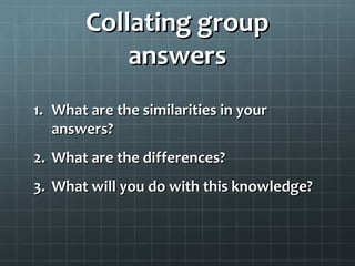 Collating groupCollating group
answersanswers
1.1. What are the similarities in yourWhat are the similarities in your
answers?answers?
2.2. What are the differences?What are the differences?
3.3. What will you do with this knowledge?What will you do with this knowledge?
 