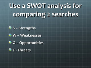 Use a SWOT analysis forUse a SWOT analysis for
comparing 2 searchescomparing 2 searches
S – StrengthsS – Strengths
W – WeaknessesW – Weaknesses
O – OpportunitiesO – Opportunities
T - ThreatsT - Threats
 