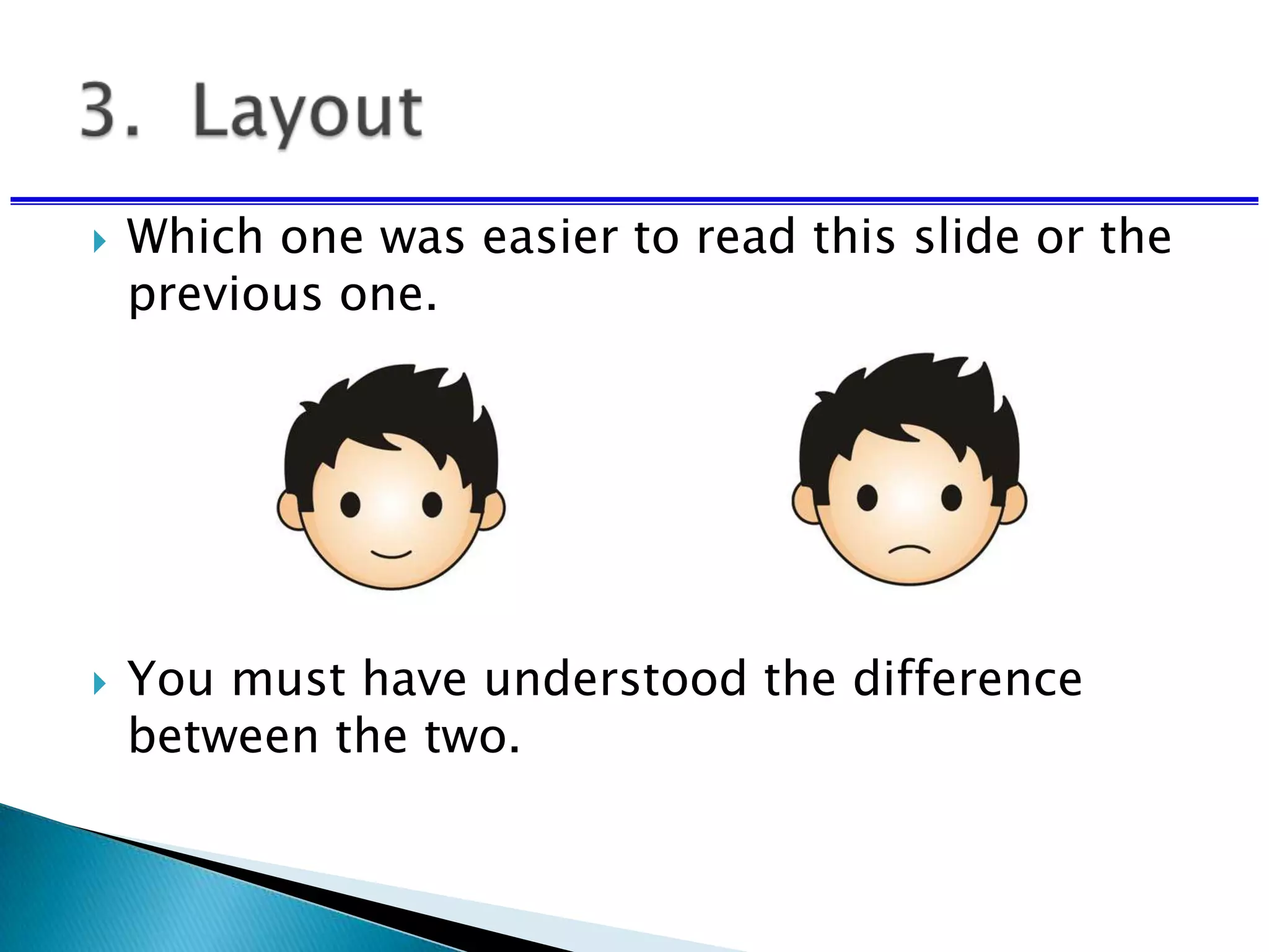  Which one was easier to read this slide or the
previous one.
 You must have understood the difference
between the two.
 