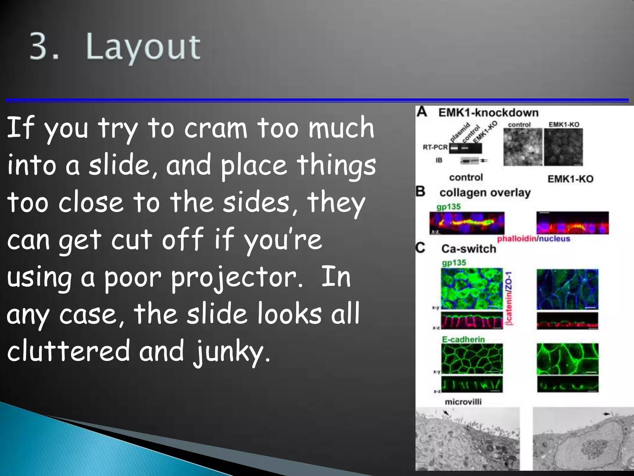 If you try to cram too much
into a slide, and place things
too close to the sides, they
can get cut off if you’re
using a poor projector. In
any case, the slide looks all
cluttered and junky.
 