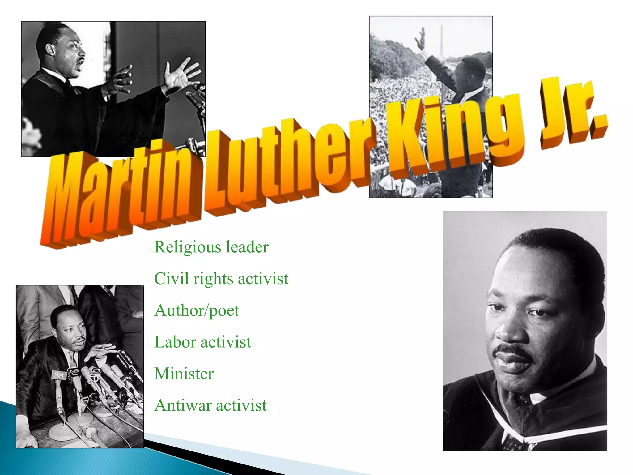 Religious leader
Civil rights activist
Author/poet
Labor activist
Minister
Antiwar activist
 