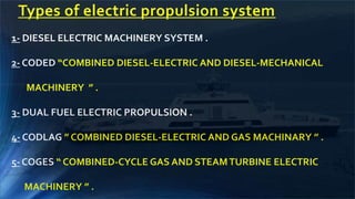 Types of electric propulsion system
1- DIESEL ELECTRIC MACHINERY SYSTEM .
2- CODED “COMBINED DIESEL-ELECTRIC AND DIESEL-MECHANICAL
MACHINERY ” .
3- DUAL FUEL ELECTRIC PROPULSION .
4- CODLAG ” COMBINED DIESEL-ELECTRIC AND GAS MACHINARY ” .
5- COGES “ COMBINED-CYCLE GAS AND STEAMTURBINE ELECTRIC
MACHINERY ” .
 