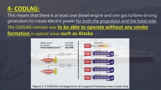 4- CODLAG:
This means that there is at least one diesel engine and one gas turbine driving
generators to create electric power for both the propulsion and the hotel side.
The CODLAG concept was to be able to operate without any smoke
formation in special areas such as Alaska.
 