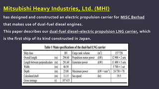 Mitsubishi Heavy Industries, Ltd. (MHI)
has designed and constructed an electric propulsion carrier for MISC Berhad
that makes use of dual-fuel diesel engines.
This paper describes our dual-fuel diesel–electric propulsion LNG carrier, which
is the first ship of its kind constructed in Japan.
 