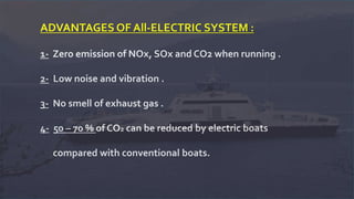 ADVANTAGES OF All-ELECTRIC SYSTEM :
1- Zero emission of NOx, SOx and CO2 when running .
2- Low noise and vibration .
3- No smell of exhaust gas .
4- 50 – 70 % of CO2 can be reduced by electric boats
compared with conventional boats.
 