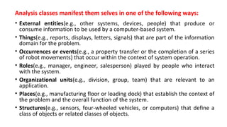 Analysis classes manifest them selves in one of the following ways:
• External entities(e.g., other systems, devices, people) that produce or
consume information to be used by a computer-based system.
• Things(e.g., reports, displays, letters, signals) that are part of the information
domain for the problem.
• Occurrences or events(e.g., a property transfer or the completion of a series
of robot movements) that occur within the context of system operation.
• Roles(e.g., manager, engineer, salesperson) played by people who interact
with the system.
• Organizational units(e.g., division, group, team) that are relevant to an
application.
• Places(e.g., manufacturing floor or loading dock) that establish the context of
the problem and the overall function of the system.
• Structures(e.g., sensors, four-wheeled vehicles, or computers) that define a
class of objects or related classes of objects.
 