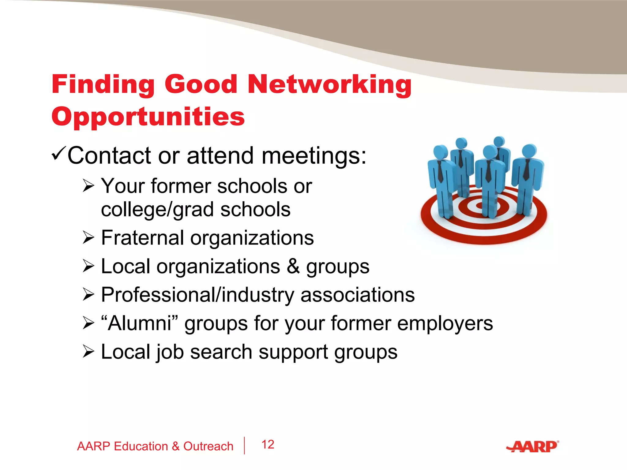 Look for: Events - meetings, dinners, football games, etc. Other venues for reconnecting – email, online forums Directories of people you know or might/should know Working for any of your target employers? Working in the field you want? Working in the location you want? Finding Good Networking Opportunities AARP Education & Outreach 