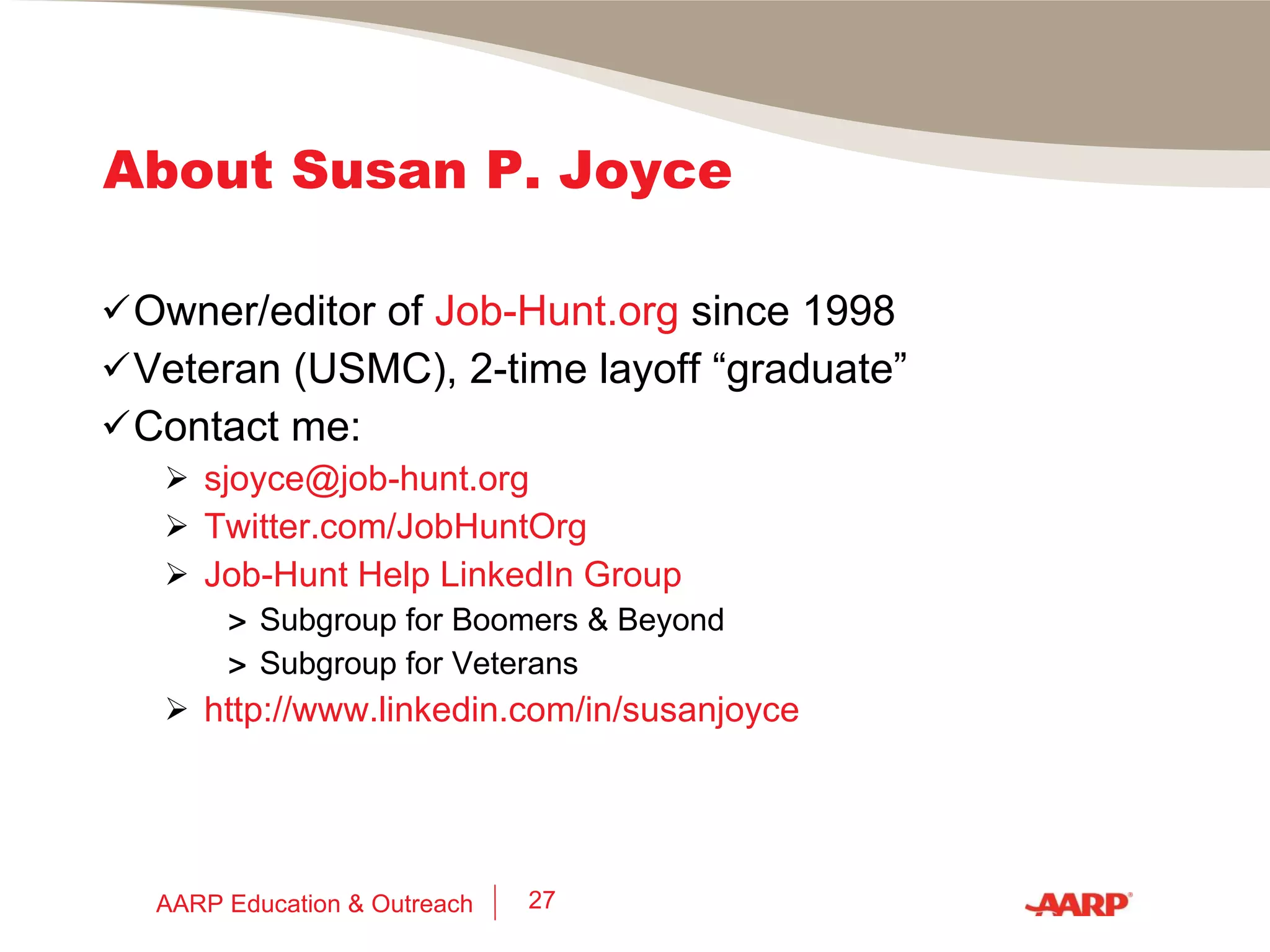 Job Search Networking Resources: Books: The Successful Introvert  by Wendy Gelberg Through the Brick Wall  by Kate Wendleton never eat alone  by Keith Ferrazzi Me 2.0  by Dan Schawbel I’m on LinkedIn, Now What???  By Jason Alba AARP Education & Outreach 