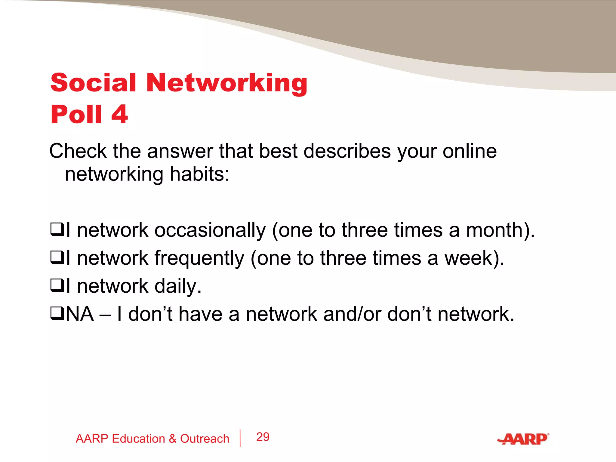 Learning Objectives, Part 2 By the end of this webinar you will have a better understanding of social networking, including: What social (online) networking is Its potential benefits to jobseekers Networks to consider for your job search Effective practices – social networking do’s and don’ts Resources AARP Education & Outreach 