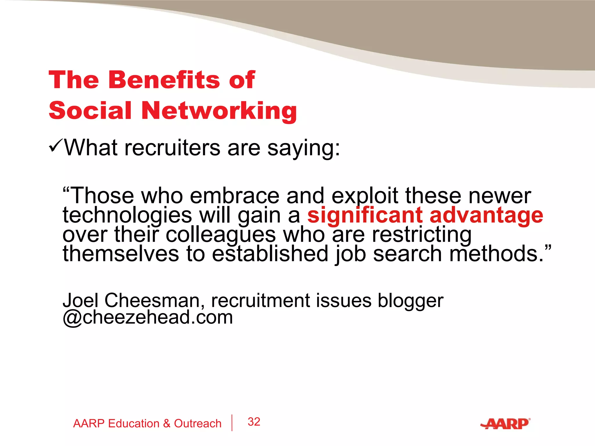 What is Social Networking? Social networking is connecting and sharing information with like-minded people, via the Web. A social network is an online community of people who share common interests and/or activities. Internet message boards Facebook, LinkedIn, and Twitter fall under the general category of social networking, as do del.icio.us and Technorati, applications that let users add their own keywords (or tags) to Web pages and blogs. AARP Education & Outreach 