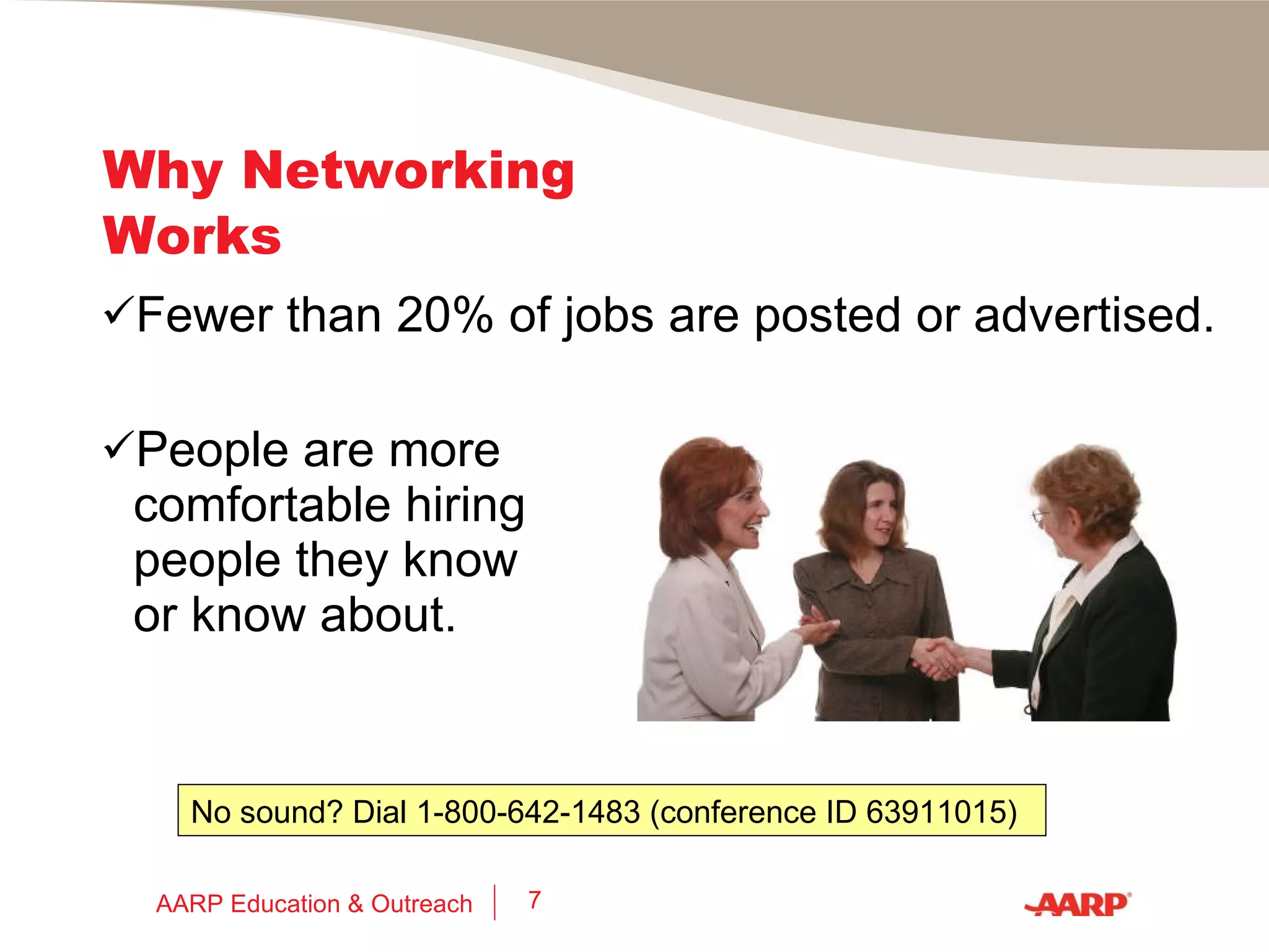 Networking Poll 3 I found my last job through: Job posting or ad Referral by a friend or former colleague Contacted by a recruiter Other AARP Education & Outreach 