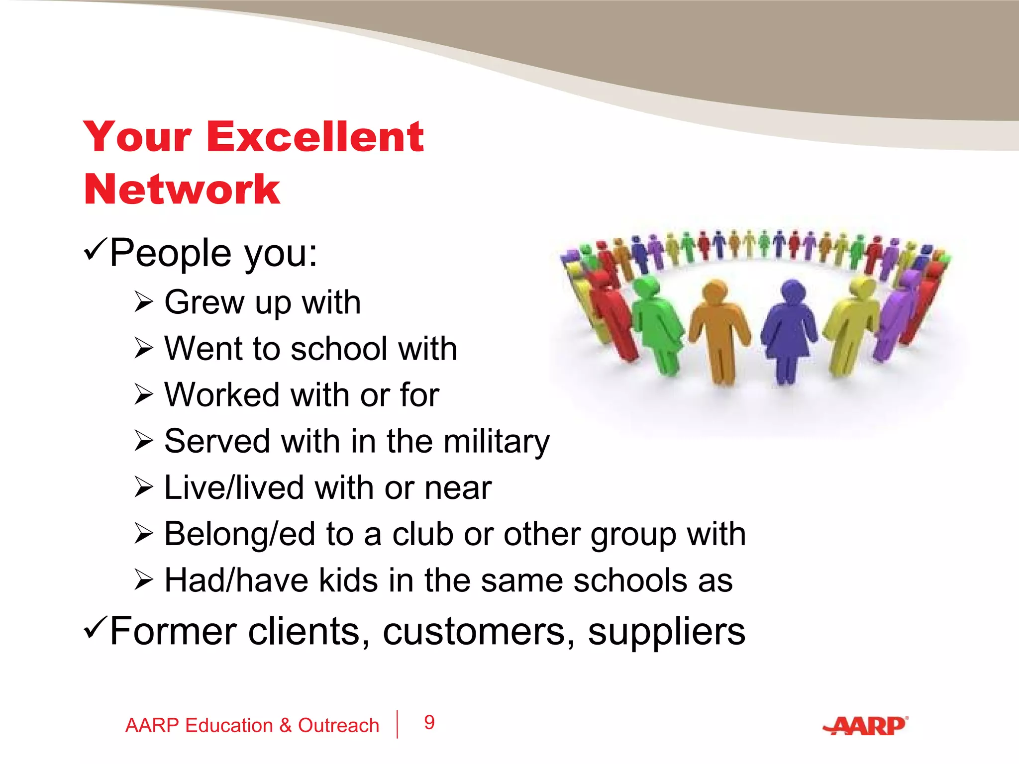 Good News and Bad News The Bad News: Most people aren’t good at job hunting. The “rules” have changed. The Good   News: Most people don’t job hunt often. Your network is MUCH better than you think. AARP Education & Outreach 