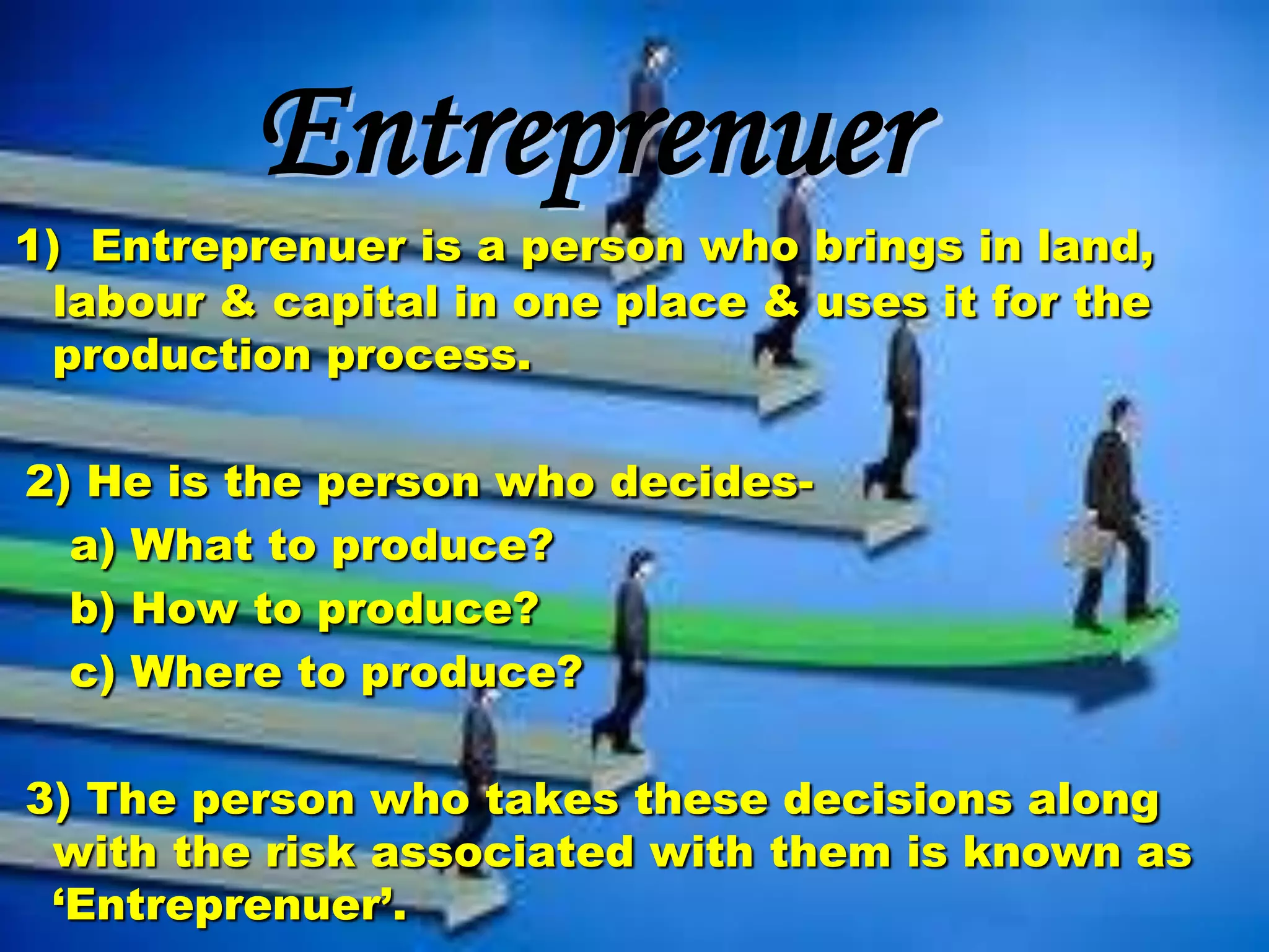 Entreprenuer
1) Entreprenuer is a person who brings in land,
labour & capital in one place & uses it for the
production process.
2) He is the person who decidesa) What to produce?
b) How to produce?
c) Where to produce?
3) The person who takes these decisions along
with the risk associated with them is known as
‘Entreprenuer’.

 