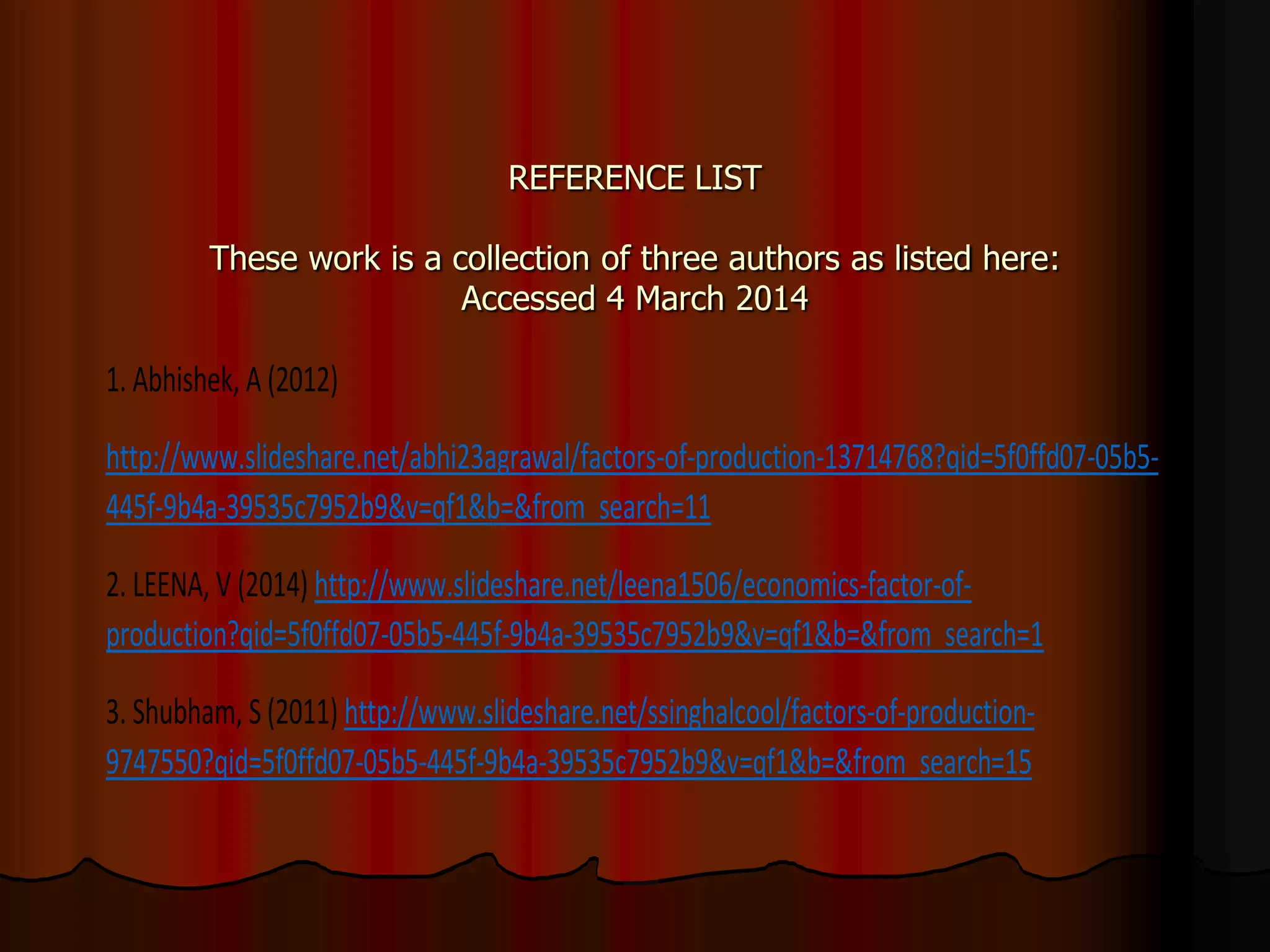 REFERENCE LIST
These work is a collection of three authors as listed here:
Accessed 4 March 2014

1. Abhishek, A (2012)
http://www.slideshare.net/abhi23agrawal/factors-of-production-13714768?qid=5f0ffd07-05b5445f-9b4a-39535c7952b9&v=qf1&b=&from_search=11
2. LEENA, V (2014) http://www.slideshare.net/leena1506/economics-factor-ofproduction?qid=5f0ffd07-05b5-445f-9b4a-39535c7952b9&v=qf1&b=&from_search=1
3. Shubham, S (2011) http://www.slideshare.net/ssinghalcool/factors-of-production9747550?qid=5f0ffd07-05b5-445f-9b4a-39535c7952b9&v=qf1&b=&from_search=15

 