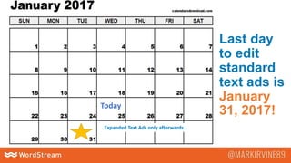 Slow pace
Last day
to edit
standard
text ads is
January
31, 2017!
Expanded Text Ads only afterwards…
Today
 