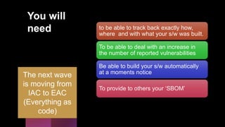 You will
need to be able to track back exactly how,
where and with what your s/w was built.
To be able to deal with an increase in
the number of reported vulnerabilities
Be able to build your s/w automatically
at a moments notice
To provide to others your ‘SBOM’
The next wave
is moving from
IAC to EAC
(Everything as
code)
 