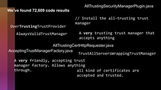 We’ve found 72,609 code results
AlwaysValidTrustManager
TrustAllServersWrappingTrustManager
A very friendly, accepting trust
manager factory. Allows anything
through. all kind of certificates are
accepted and trusted.
A very trusting trust manager that
accepts anything
// Install the all-trusting trust
manager
OverTrustingTrustProvider
AllTrustingSecurityManagerPlugin.java
AcceptingTrustManagerFactory.java
AllTrustingCertHttpRequester.java
 