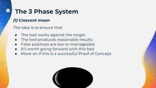 (1) Crescent moon
The idea is to ensure that:
● The tool works against the target
● The tool produces reasonable results
● False positives are low or manageable
● It’s worth going forward with this tool
● Move on if this is a successful Proof of Concept
The 3 Phase System
 