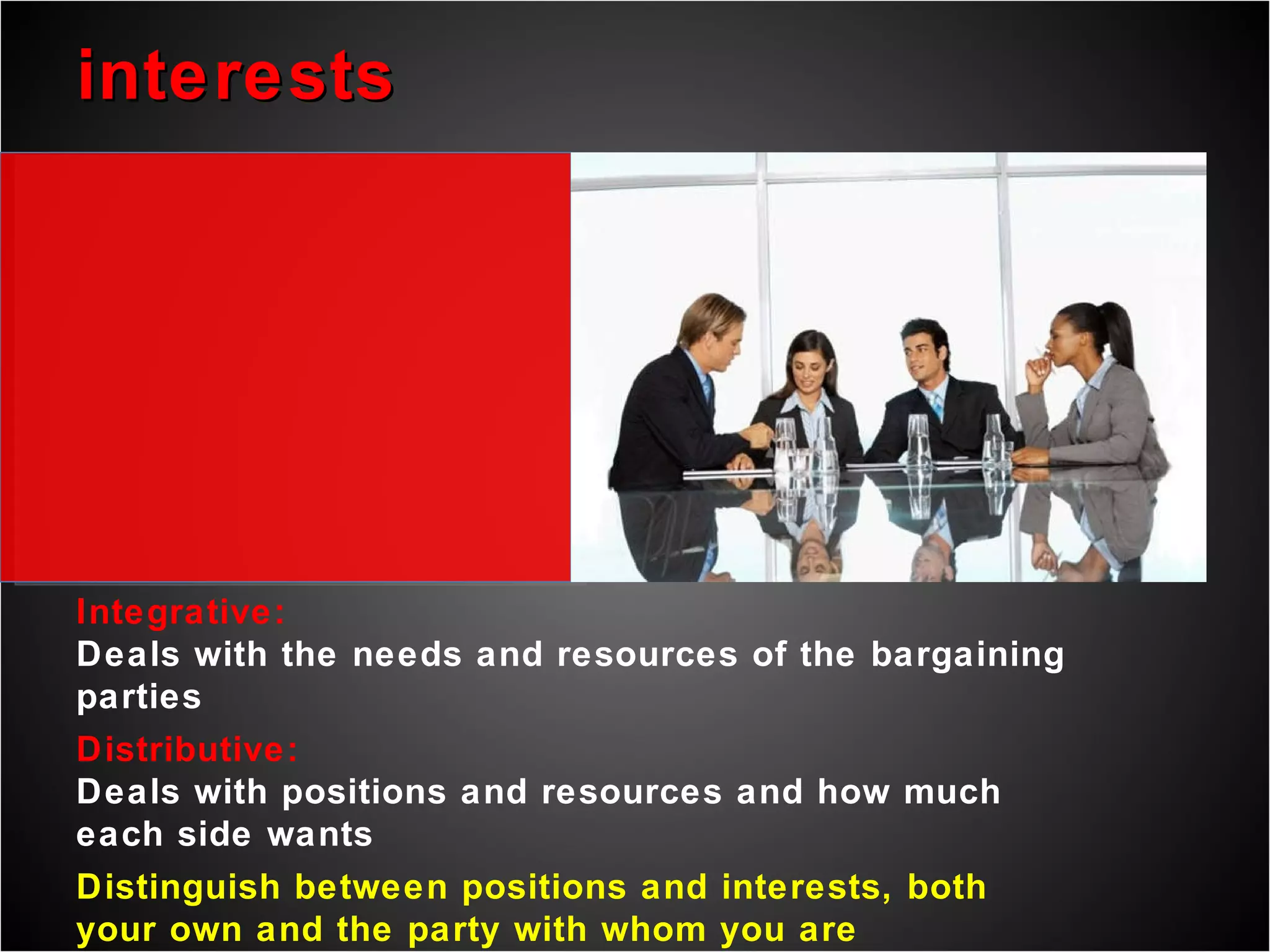 interests Integrative:  Deals with the needs and resources of the bargaining parties Distributive:  Deals with positions and resources and how much each side wants  Distinguish between positions and interests, both your own and the party with whom you are negotiating. 