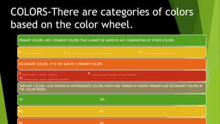 COLORS-There are categories of colors
based on the color wheel.
PRIMARY COLORS ARE 3 PIGMENT COLORS THAT CANNOT BE MIXED BY ANY COMBINATION OF OTHER COLORS.
R ____ ______ Y____ _____ _____ _____ ______ B _____ ______ ______
SECONDARY COLORS –IT IS THE SUM OF 2 PRIMARY COLORS
G ____ ____ _____ _____ P ____ _____ _____ _____ _____
O ____ ____ ____ ______ ______
TERTIARY COLORS- ALSO KNOWN AS INTERMEDIATE COLORS WHICH ARE FORMED BY MIXING PRIMARY AND SECONDARY COLORS IN
THE COLOR WHEEL.
YO RO
BG YG
 