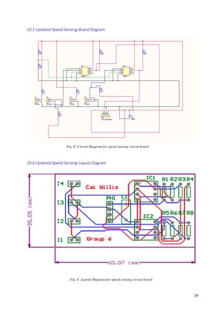   19	
  
10.5  Updated  Speed  Sensing  Board  Diagram  	
  
	
  
  
10.6  Updated  Speed  Sensing  Layout  Diagram	
  
	
  
  
Fig. E. Circuit Diagram for speed sensing circuit board
Fig. F. Layout Diagram for speed sensing circuit board
 