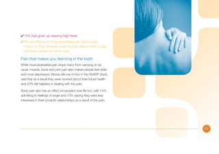 ✔	14% had given up wearing high heels
✔	9% said that such musculoskeletal pain had a huge
impact on their lifestyles meaning they were unable to play
with their children or climb stairs

Pain that makes you feel long in the tooth
While musculoskeletal pain stops many from carrying on as
usual, muscle, bone and joint pain also makes people feel older
and more depressed. Worse still one in four in the ShARP study
said that as a result they were worried about their future health
and 23% felt helpless in dealing with the pain.
Body pain also has an effect on people’s love life too, with 14%
admitting to feelings of anger and 13% saying they were less
interested in their romantic relationships as a result of the pain.

11

 