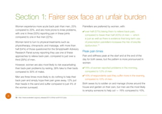 Section 1: Fairer sex face an unfair burden
Women experience more acute back pain than men, 25%
compared to 20%, and are more prone to knee problems,
with one in three (33%) reporting pain in these joints
compared to one in five men (22%).
Women tend to turn to physical treatments such as
physiotherapy, chiropractic and massage, with more than
half (54%) of those questioned for the Simplyhealth Advisory
Research Panel survey reporting they use one of these
approaches to relieve back pain, compared to just over a
third (39%) of men.
However, women are also most likely to risk exacerbating
their back pain problems by resting, 38% take to their beds
compared to 30% of males.
Men are three times more likely to do nothing to help their
back pain and simply hope their pain goes away, 12% put
their heads in the sand and suffer compared to just 4% of
the women surveyed.
4

12	http://www.eurekalert.org/pub_releases/2013-05/kp-luo051013.php

Painkillers are preferred by women, with:
✔	over half (57%) taking them to relieve back pain,
compared to fewer than half (43%) of men — which
is just as well as there is evidence that long term use
of prescription painkillers increases the risk of erectile
dysfunction.12

Peak pain times
Pain and stiffness peak at the start and at the end of the
day for both sexes, but the pattern is more pronounced in
women:
✔	18% of women reported problems in the morning,
compared to 12% of men
✔	16% of respondents said they suffer more in the evening,
compared to 10% of men.
Both sexes try to soldier on and manage chores around the
house and garden on their own, but men are the most likely
to employ someone to help out — 16% compared to 10%.

 