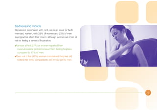 Sadness and moods
Depression associated with joint pain is an issue for both
men and women, with 28% of women and 23% of men
saying aches affect their mood, although women are most at
risk of feeling a sense of frustration:
✔	almost a third (27%) of women reported their
musculoskeletal problems leave them feeling helpless,
compared to 17% of men
✔	two out of five (40%) women complained they feel old
before their time, compared to one in four (25%) men.

5

 