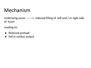 Mechanism
Underlying cause -------> reduced filling of left and / or right side
of heart
Leading to:
● Reduced preload
● Fall in cardiac output
 
