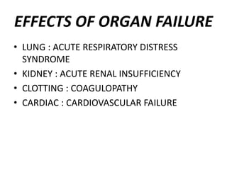 EFFECTS OF ORGAN FAILURE
• LUNG : ACUTE RESPIRATORY DISTRESS
SYNDROME
• KIDNEY : ACUTE RENAL INSUFFICIENCY
• CLOTTING : COAGULOPATHY
• CARDIAC : CARDIOVASCULAR FAILURE
 