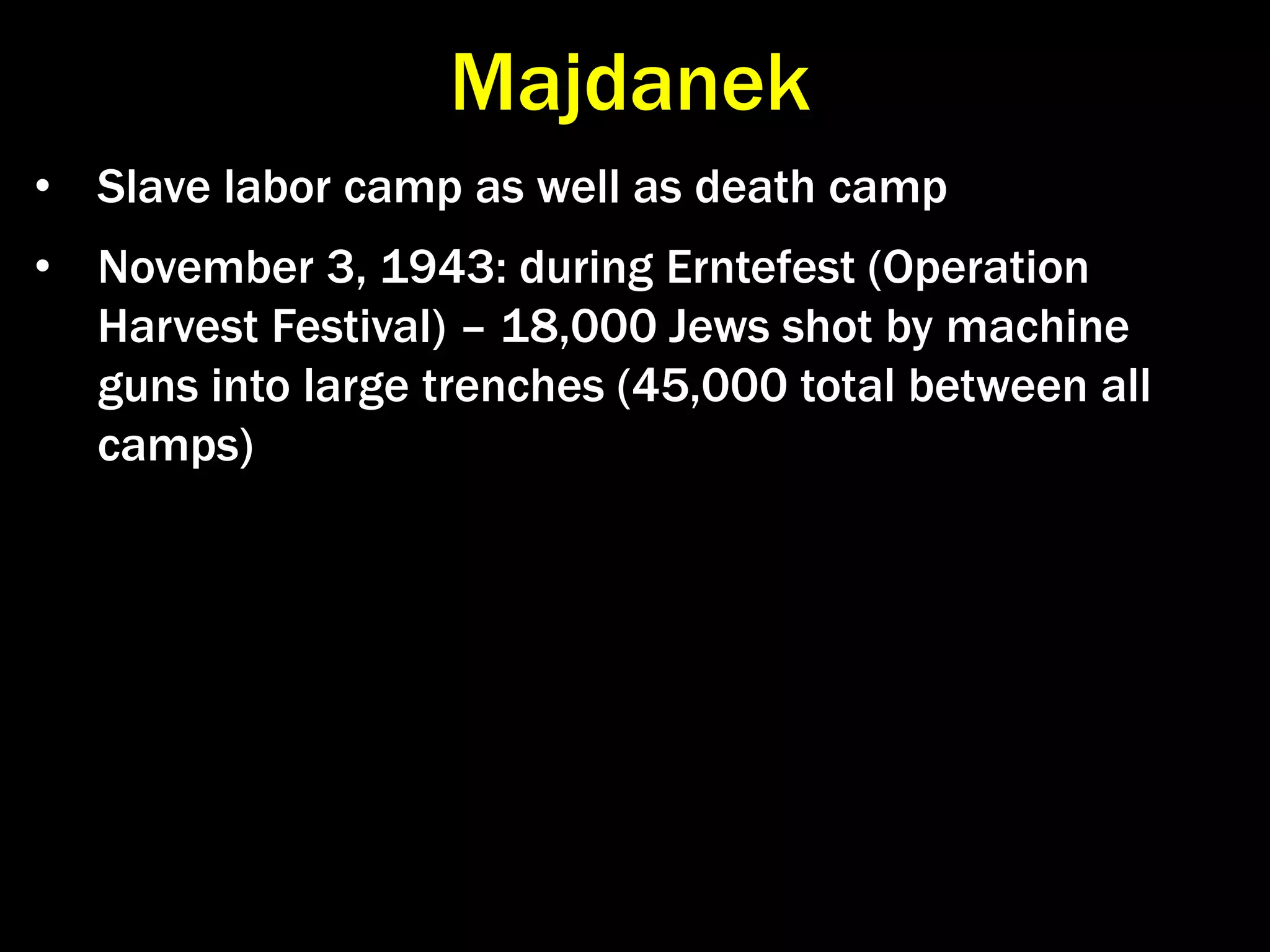 Extermination CampsBy winter 1941, 1.5 million Jews dead but 11 million Jews targeted for annihilation at Wannsee Conference.Using Germany‘s scientists, businessmen, engineers and officials, the Nazis built a modern and efficient way to eliminate the Jews: elaborate train system; 1 m.+ people to operate and maintain. 1942-1944 ghettos were liquidated; “Resettlement” to Labor/ Extermination Camps in the East. In USSR, Einsatzgruppenkilled Jews on the spot; no need for extermination camps. In Western Europe, no closed ghettos and Jews integrated into society. Send Jews by 3rd class rail to a transit camp and from there to the east.