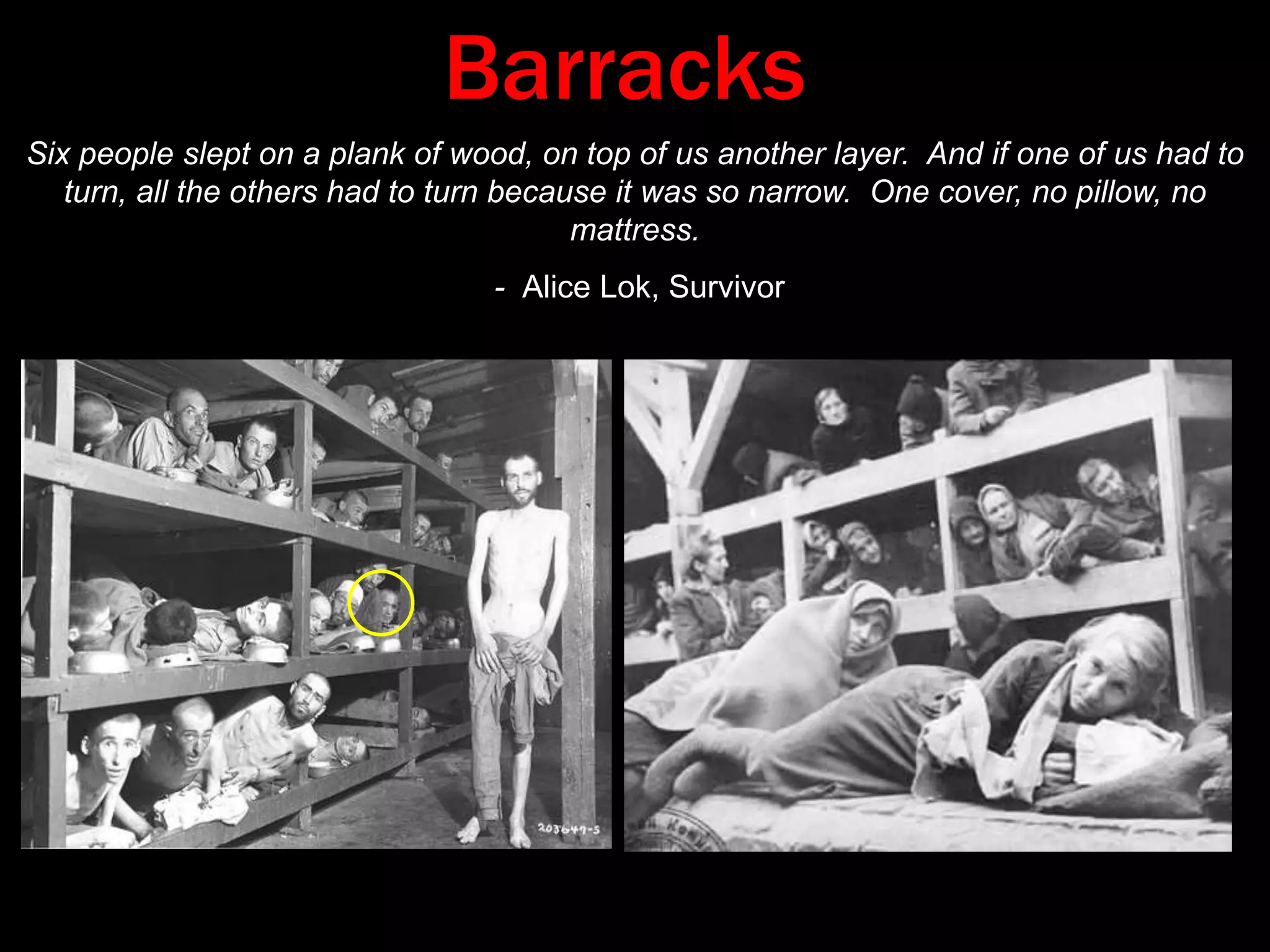 Became camp for Soviet P.O.W.‘s in 1941 Auschwitz IA   House of camp commandantB   Main guardhouseC   Offices of camp commandantD   Offices of camp administrationE   Hospital for SSF   Offices of GestapoG   Registration of new prisonersH  Entrance gate w/ inscription:       	Arbeit macht freiI    KitchenK1  Gas Chamber & Crematorium IL   Stores, stables, garages & 	workshopsM   Warehouse for belongings from 	and Zyklon-BN   Gravel pit (site of executions)O   Where camp orchestra playedP   LaundryR   SS guardroomS   Wall where prisoners executed1-28  Blocks Housing Prisoners