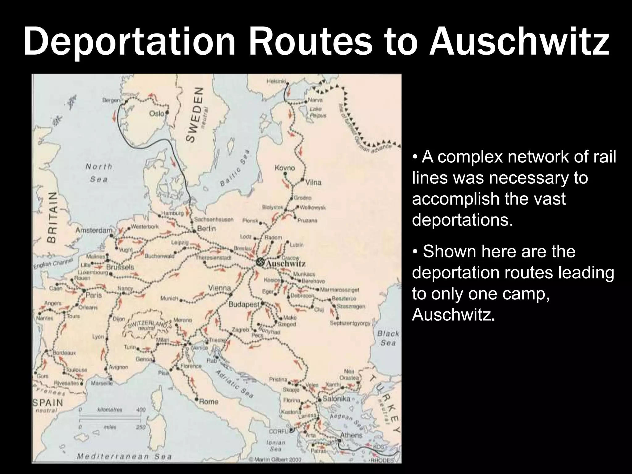 DeportationsA child’s drawing showing a German soldier shooting at a train of deportees.A 1942 transport to Treblinka.Corpses lie in an open railcar at Dachau.