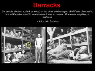 Became camp for Soviet P.O.W.‘s in 1941 Auschwitz IA   House of camp commandantB   Main guardhouseC   Offices of camp commandantD   Offices of camp administrationE   Hospital for SSF   Offices of GestapoG   Registration of new prisonersH  Entrance gate w/ inscription:       	Arbeit macht freiI    KitchenK1  Gas Chamber & Crematorium IL   Stores, stables, garages & 	workshopsM   Warehouse for belongings from 	and Zyklon-BN   Gravel pit (site of executions)O   Where camp orchestra playedP   LaundryR   SS guardroomS   Wall where prisoners executed1-28  Blocks Housing Prisoners