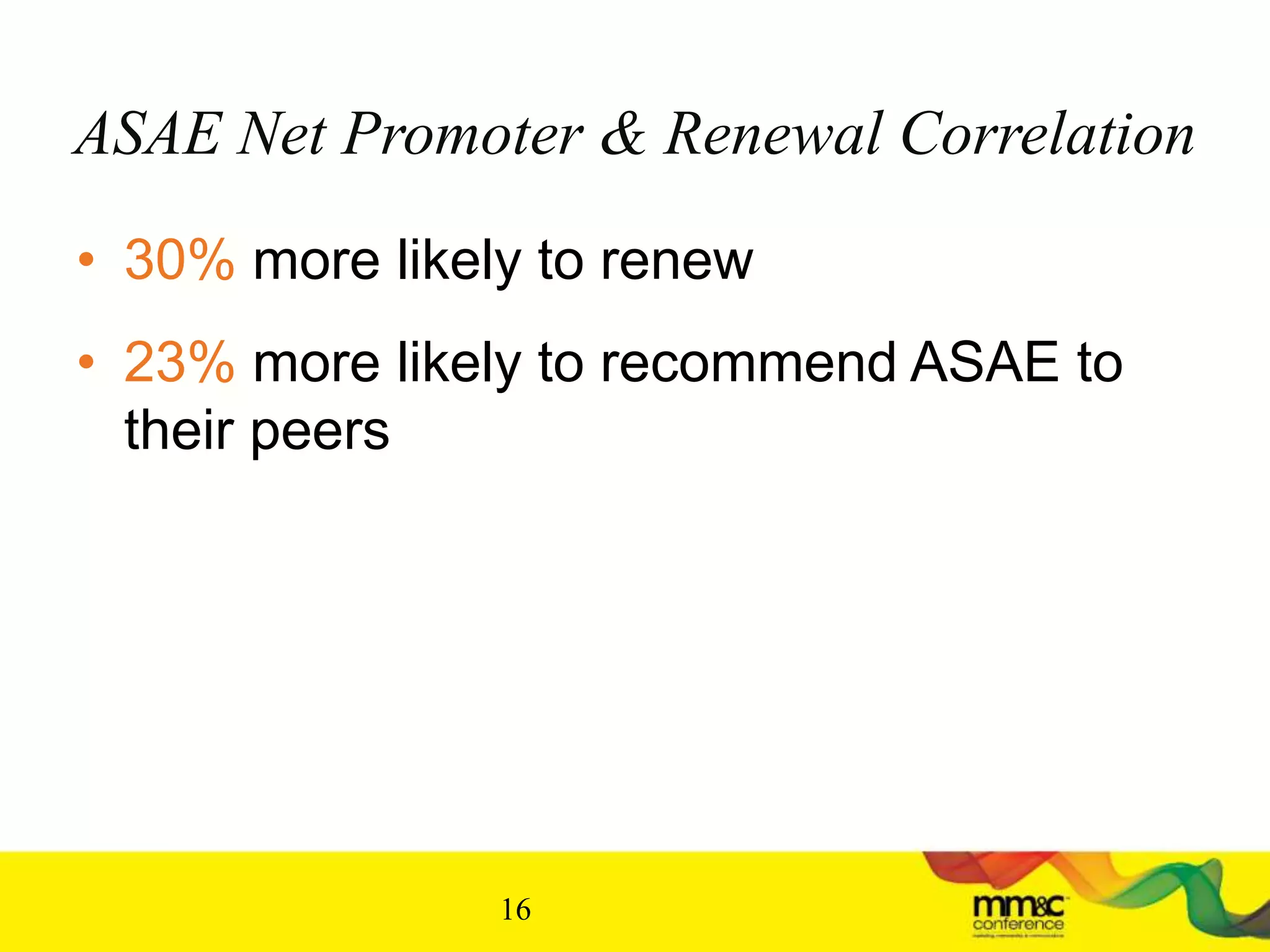 ASAE Net Promoter & Renewal Correlation
• 30% more likely to renew
• 23% more likely to recommend ASAE to
their peers
16
 