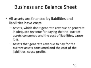 Business and Balance Sheet All assets are financed by liabilities and liabilities have costs. Assets, which don’t generate revenue or generate inadequate revenue for paying the the  current assets consumed and the cost of liabilities, cause loss. Assets that generate revenue to pay for the current assets consumed and the cost of the liabilities, cause profits. 