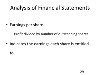 Analysis of Financial Statements Earnings per share. Profit divided by number of outstanding shares. Indicates the earnings each share is entitled to. 