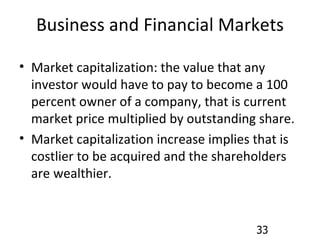 Business and Financial Markets Market capitalization: the value that any investor would have to pay to become a 100 percent owner of a company, that is current market price multiplied by outstanding share. Market capitalization increase implies that is costlier to be acquired and the shareholders are wealthier. 