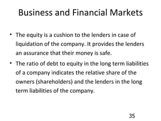 Business and Financial Markets The equity is a cushion to the lenders in case of liquidation of the company. It provides the lenders an assurance that their money is safe. The ratio of debt to equity in the long term liabilities of a company indicates the relative share of the owners (shareholders) and the lenders in the long term liabilities of the company. 