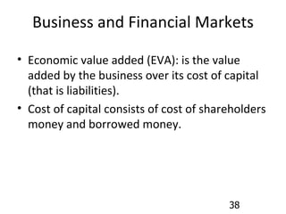 Business and Financial Markets Economic value added (EVA): is the value added by the business over its cost of capital (that is liabilities). Cost of capital consists of cost of shareholders money and borrowed money. 