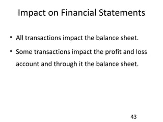 Impact on Financial Statements All transactions impact the balance sheet. Some transactions impact the profit and loss account and through it the balance sheet. 