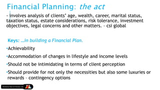 Financial Planning: the act
- involves analysis of clients’ age, wealth, career, marital status,
taxation status, estate considerations, risk tolerance, investment
objectives, legal concerns and other matters. – csi global
Keys: …in building a Financial Plan.
•Achievability
•Accommodation of changes in lifestyle and income levels
•Should not be intimidating in terms of client perception
•Should provide for not only the necessities but also some luxuries or
rewards – contingency options
 