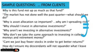 SAMPLE QUESTIONS: … FROM CLIENTS
Why is this fund not up as much as that fund?”
“The market has not done well the past quarter—what should we
do?”
“Why is asset allocation so important? …why am I spreading risk?”
“Why should I invest in alternative investments?”
“Why aren’t we investing in alternative investments?”
“Why don’t we take the same approach to investing in college
moneys and retirement money?”
“Cant we just buy fewer stocks in order to get better returns?”
How do I ensure my descendants will not squander what I leave
behind?
 