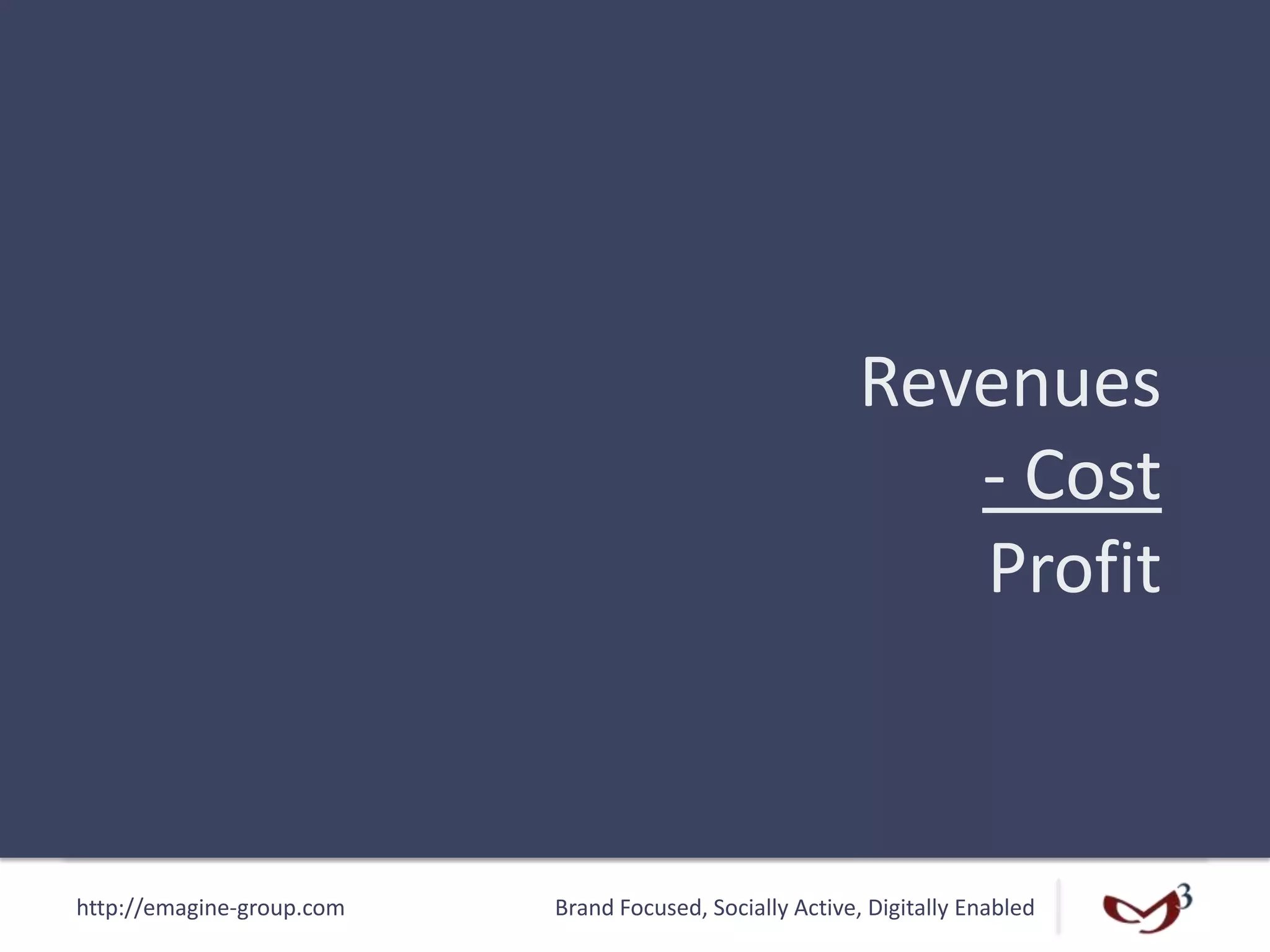 http://emagine-group.com Brand Focused, Socially Active, Digitally Enabled
Revenues
- Cost
Profit
 