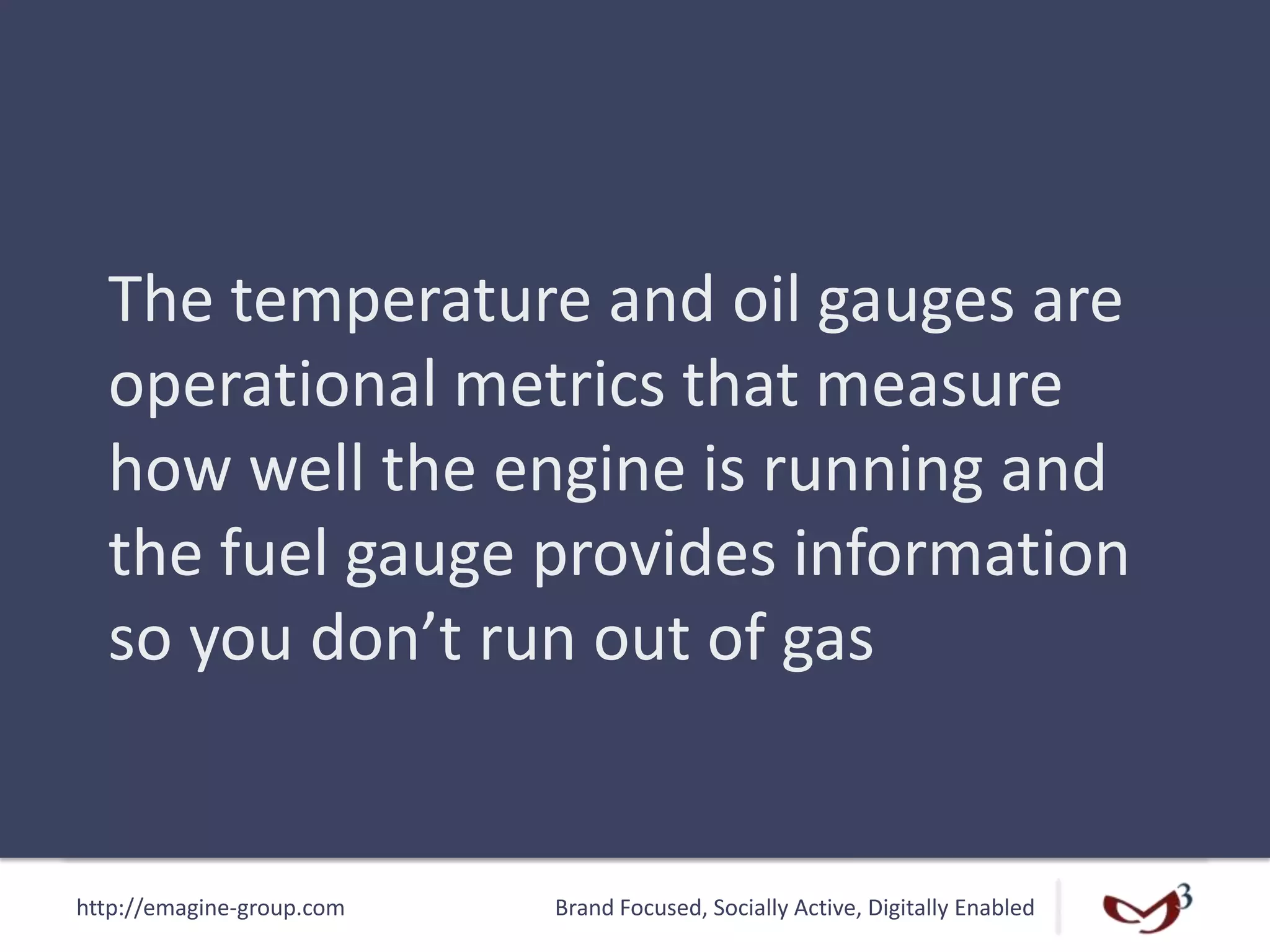 http://emagine-group.com Brand Focused, Socially Active, Digitally Enabled
The temperature and oil gauges are
operational metrics that measure
how well the engine is running and
the fuel gauge provides information
so you don’t run out of gas
 