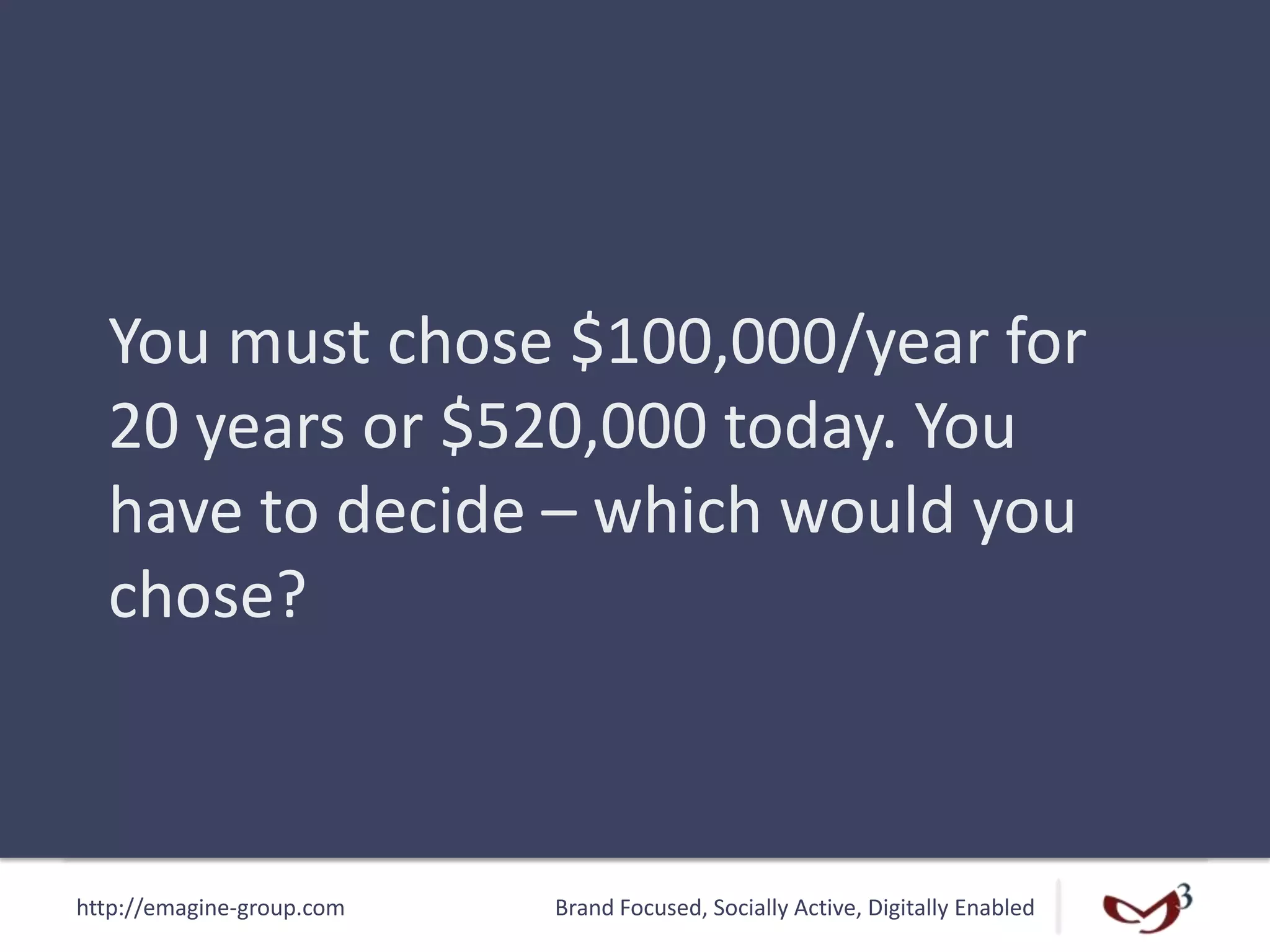 http://emagine-group.com Brand Focused, Socially Active, Digitally Enabled
You must chose $100,000/year for
20 years or $520,000 today. You
have to decide – which would you
chose?
 